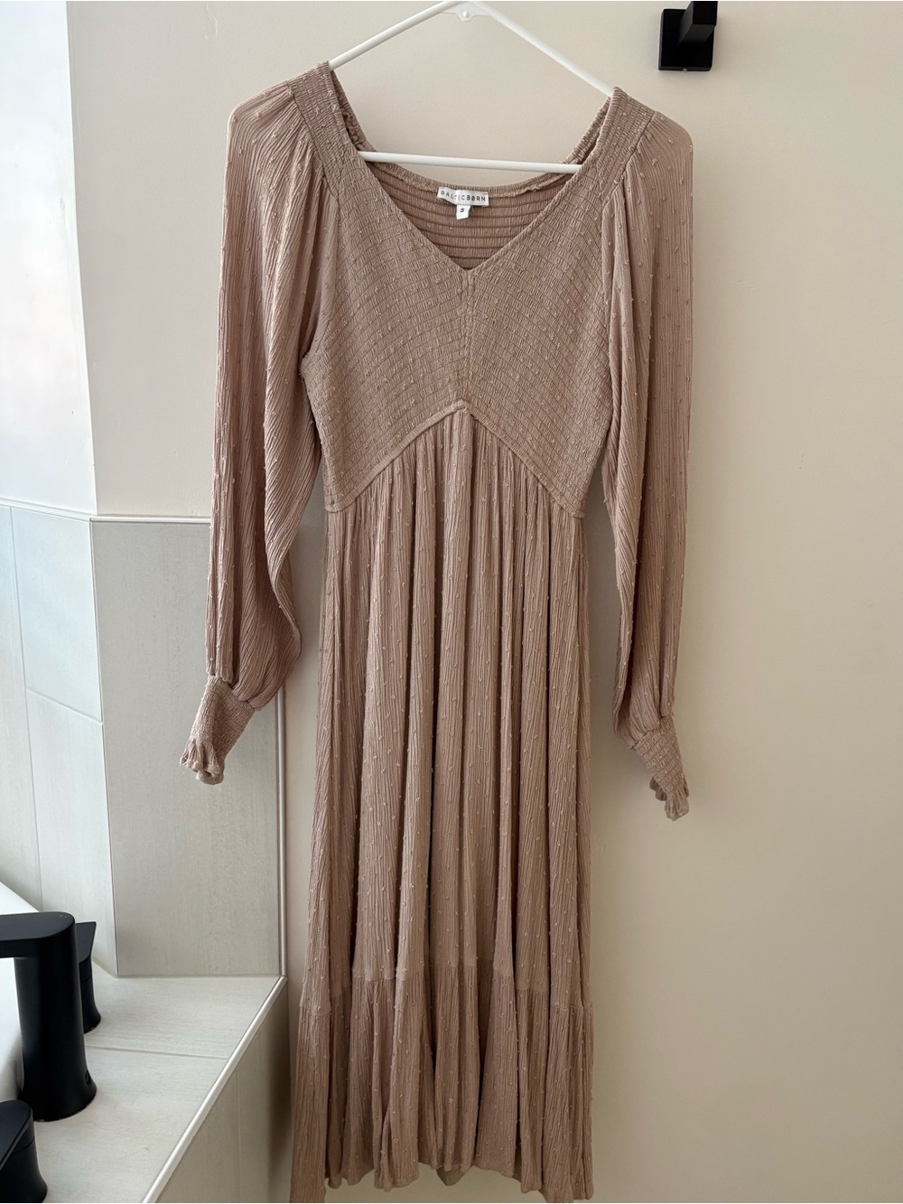 Baltic Born Taupe V-Neck Long Sleeve Midi Dress